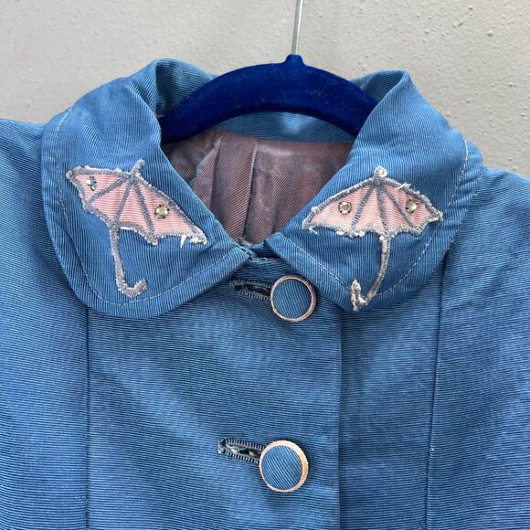 Vintage Princess Swing Coat Little Girls 4 Blue Umbrella Applique Button Up - Picture 2 of 6